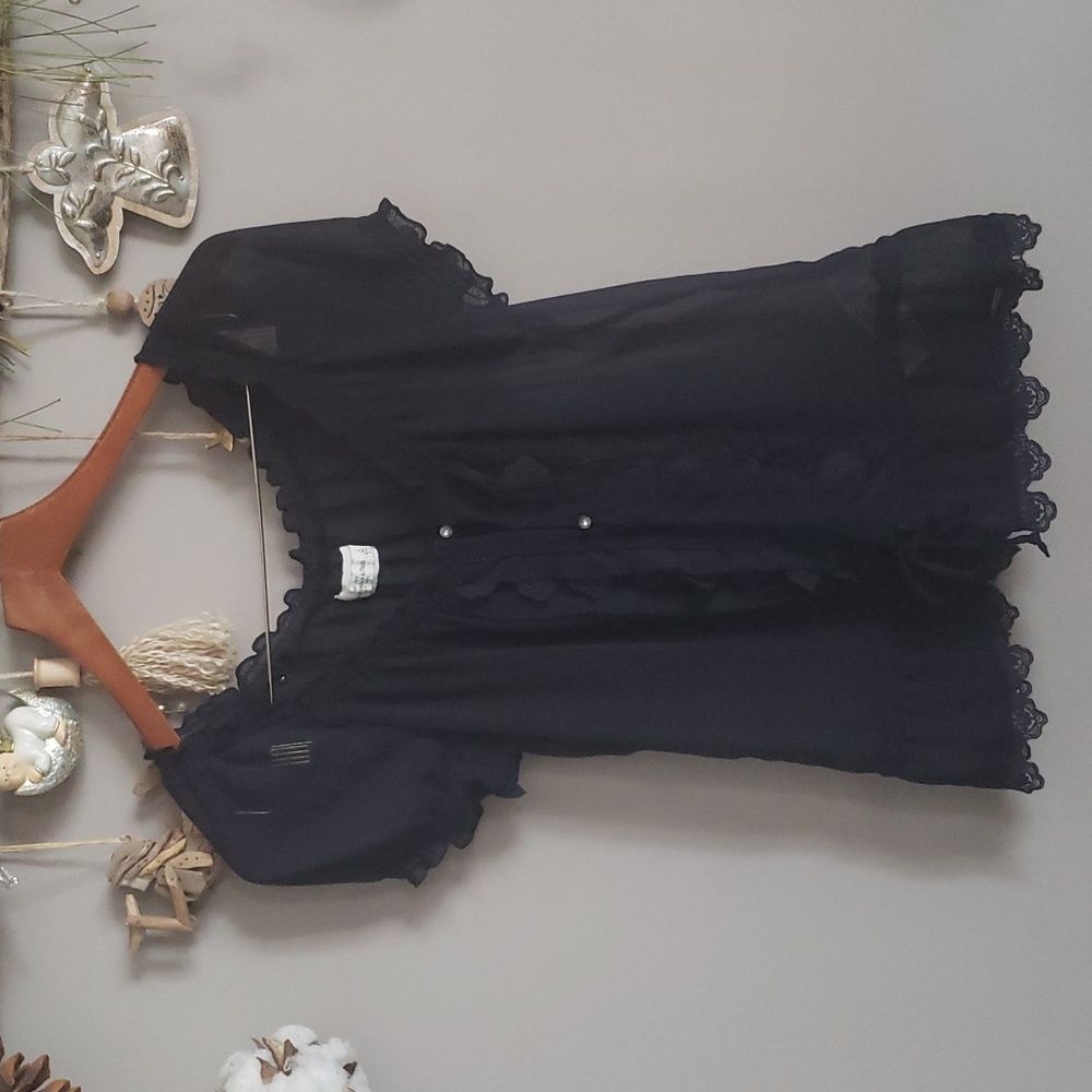 Black Sheer Blouse with Lace Trim Abercrombie & Fitch